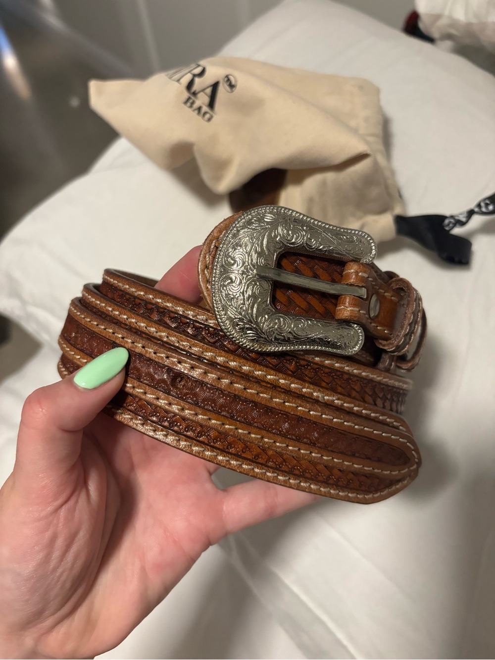 Myra tooled Leather Western Belt with Decorative Silver Buckle